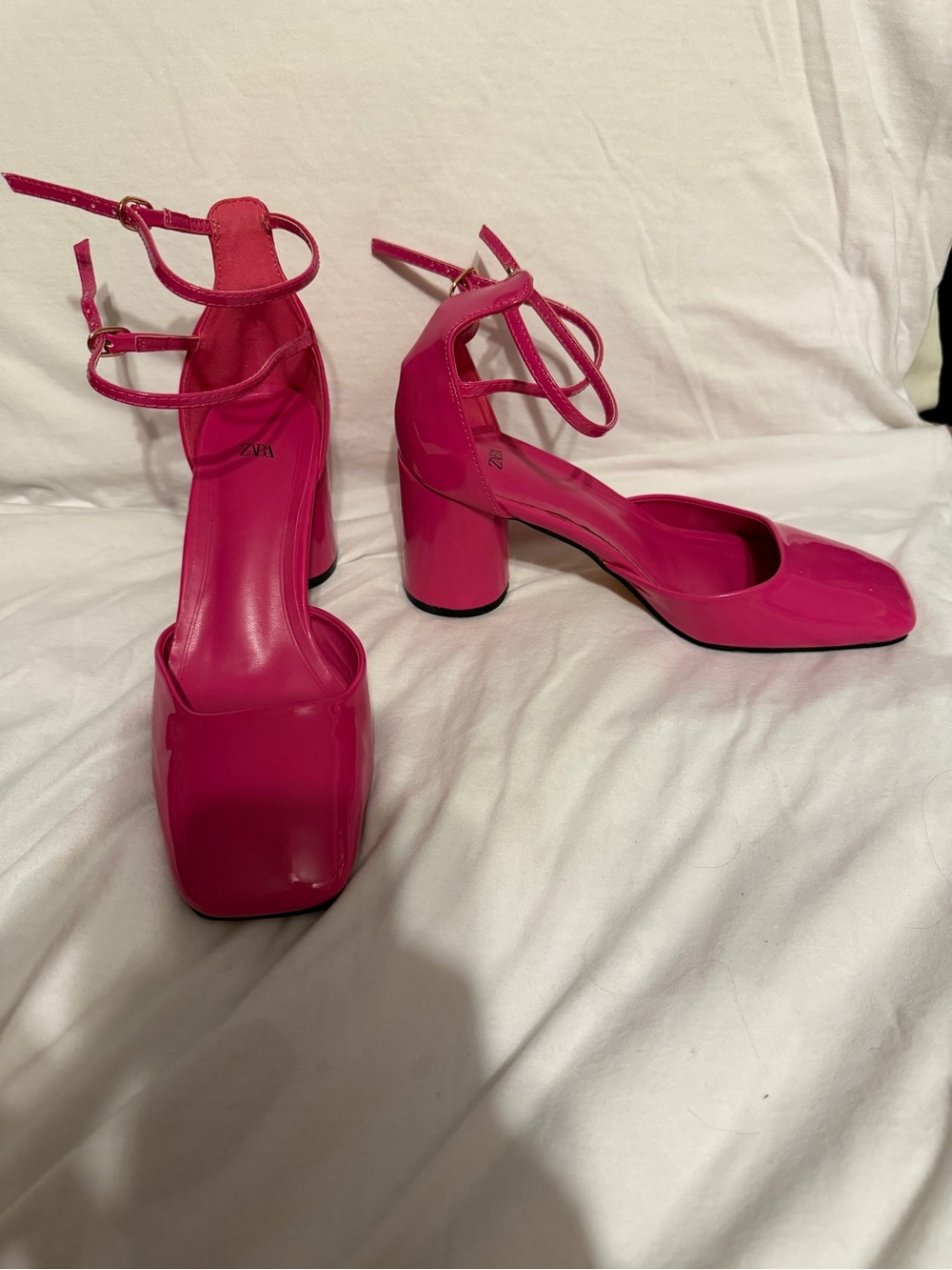 ZARA Hot Pink Patent Block Heel Ankle-Strap Pumps